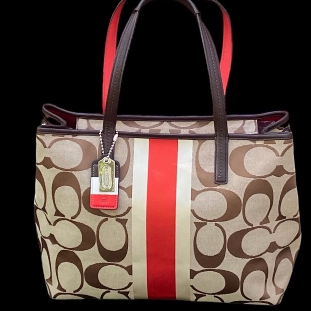 Coach Signature Tote With Red Stripe